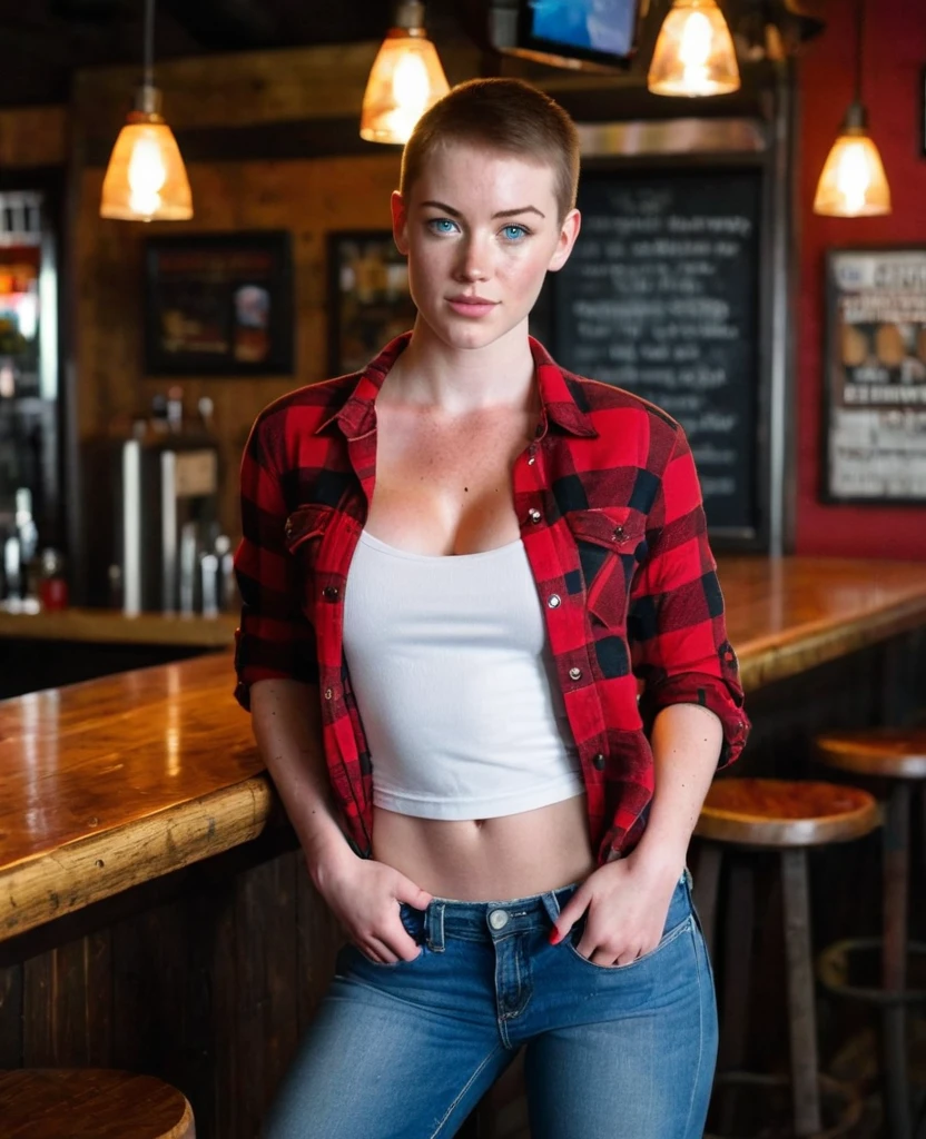 Full body shot of a muscular female college girl with large breasts and a large butt, a dark buzz cut, pale skin, freckles and blue eyes and no makeup wearing tight jeans, a white t shirt and a red unbuttoned flannel in a bar