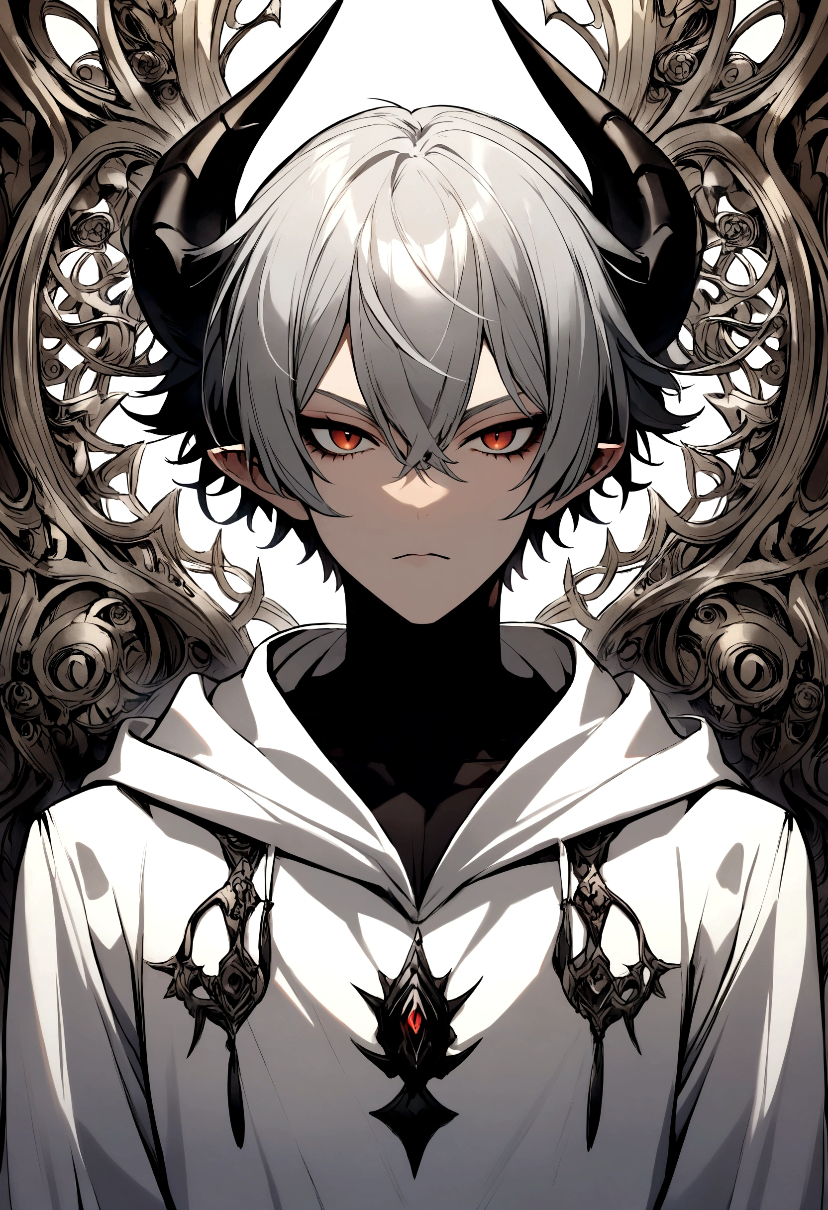 Boy, white, with gray hair, wearing a white hoodie, and black demon horns