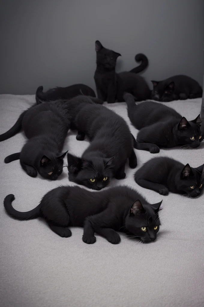 several black kitten cats lying on a gray bed 