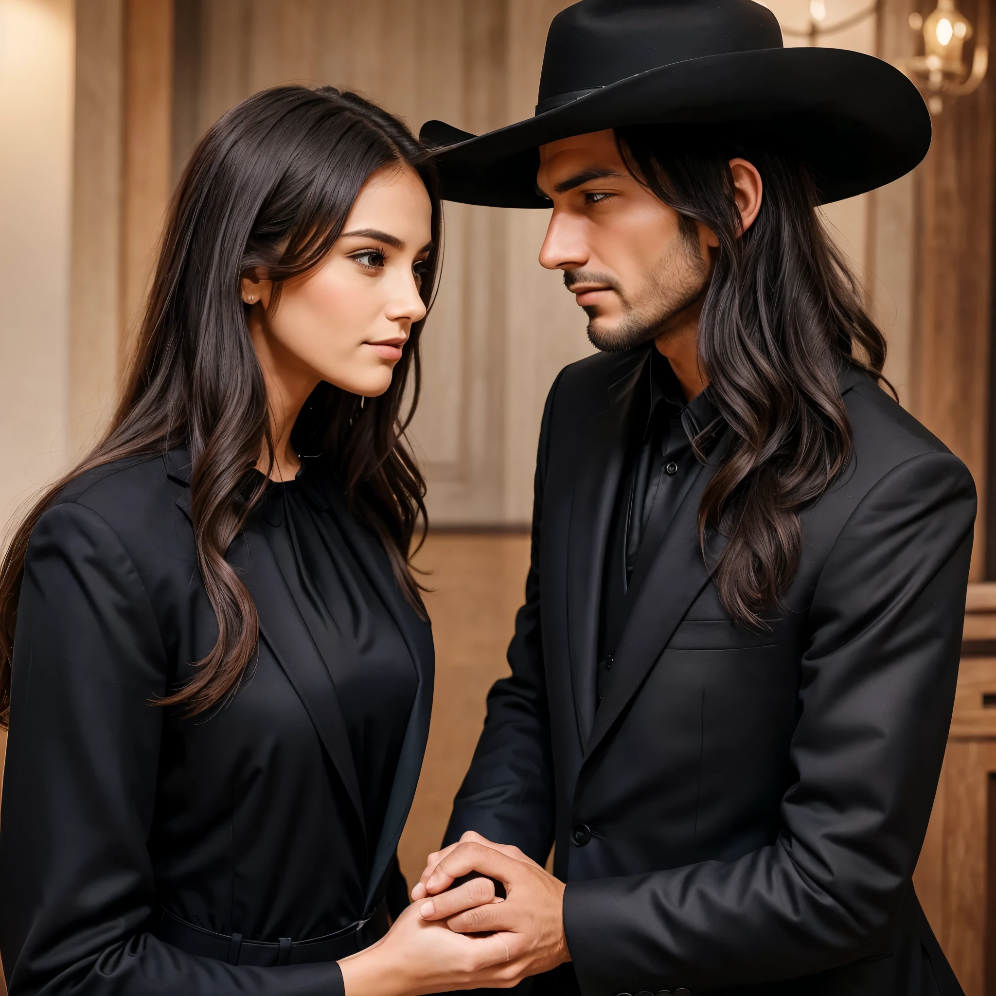 A man and a woman looking at each other with different emotions primarily love and forgiveness the man in black suit and the woman in beautiful red western dress the background must be light and soothing