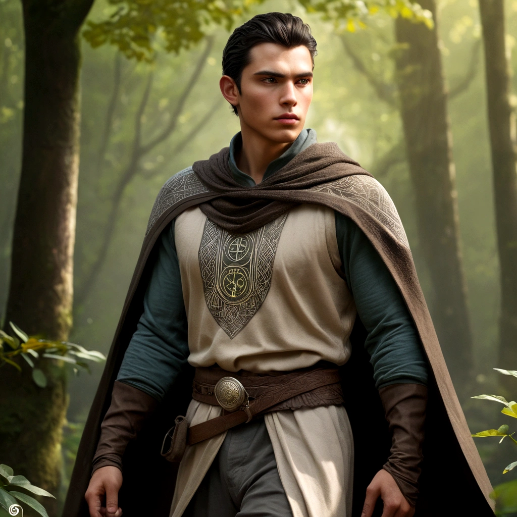 Elian, a young man characterized by his short, dark hair combed back. He wears a long, flowing cape made of light, durable fabric, decorated with runic symbols representing natural elements. Under the cape, he wears a shirt and tight pants, made with natural materials that allow freedom of movement. Their boots are robust to provide stability on varied terrain. Elian has a serene and determined expression, reflecting his connection with nature and his ability to adapt to any environment. 2D Art, UHD, retina, masterpiece, accurate, anatomically correct, textured skin, super detail, award winning, 16k
