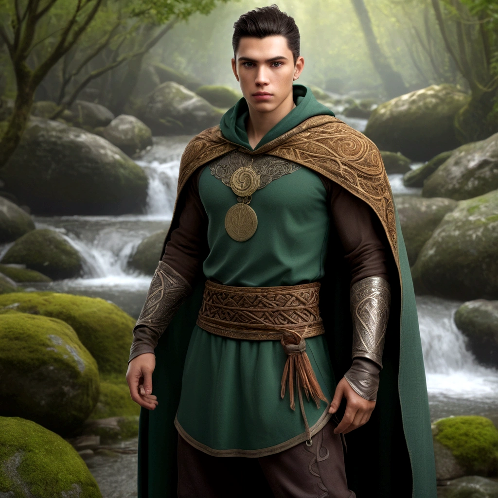 Elian, a young man characterized by his short, dark hair combed back. He wears a long, flowing cape made of light, durable fabric, decorated with runic symbols representing natural elements. Under the cape, he wears a shirt and tight pants, made with natural materials that allow freedom of movement. Their boots are robust to provide stability on varied terrain. Elian has a serene and determined expression, reflecting his connection with nature and his ability to adapt to any environment. 2D Art, UHD, retina, masterpiece, accurate, anatomically correct, textured skin, super detail, award winning, 16k
