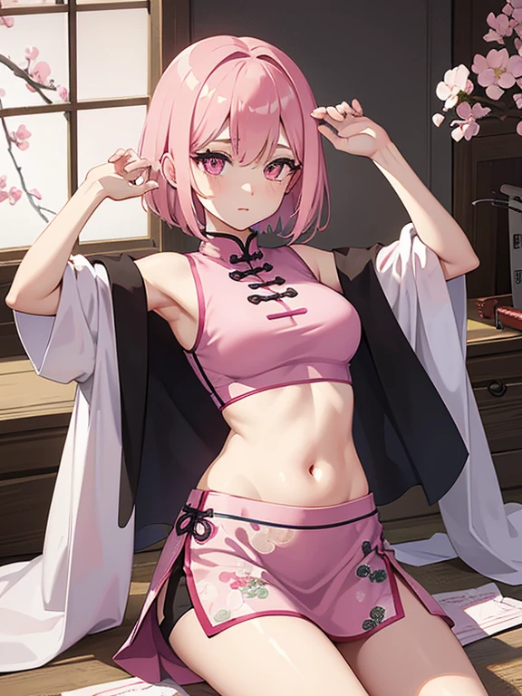 a woman, pink hair ,pink eyes, bright Eyes , traditional chinese ink painting, in shortskirt, low cut top, skinny, sexy, short hair