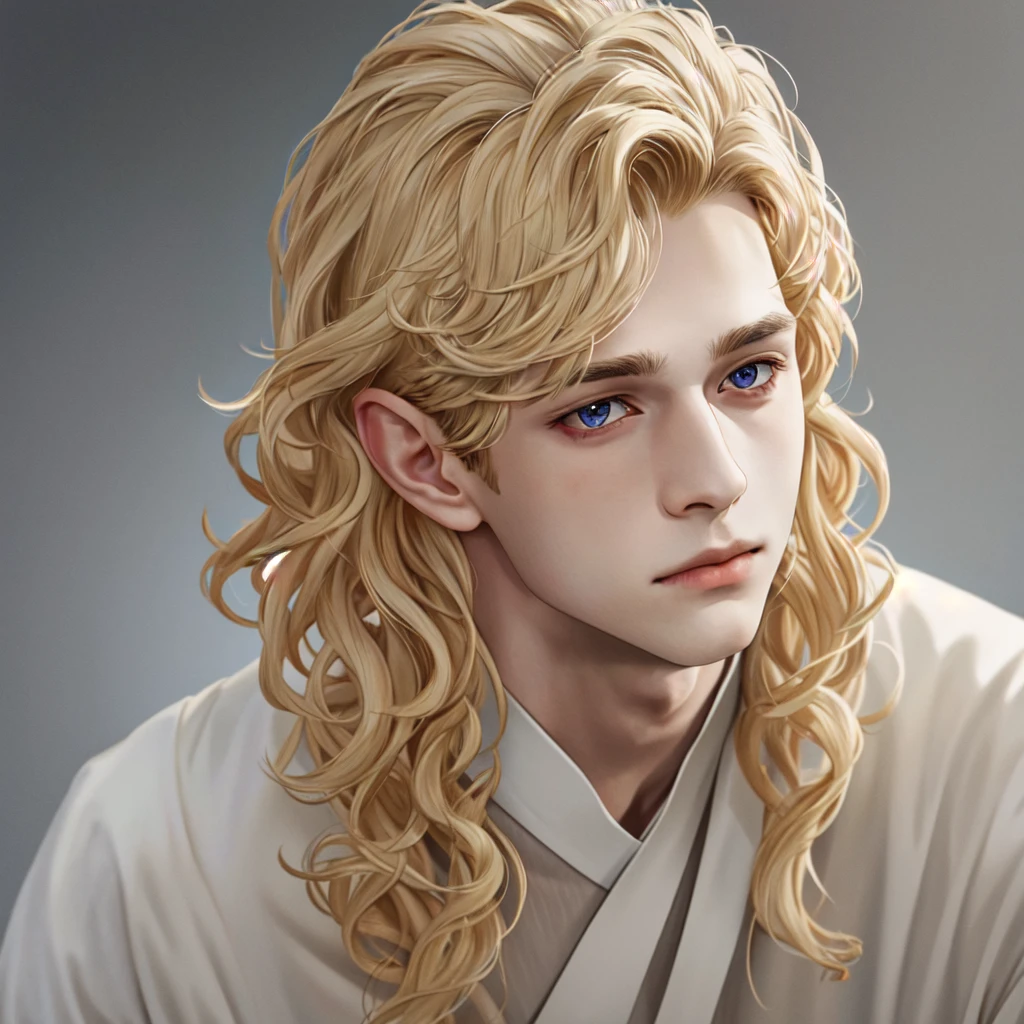 masterpiece, 1 boy, face up close, high quality, 8K, Ultra HD, actor, Curly long blonde hair