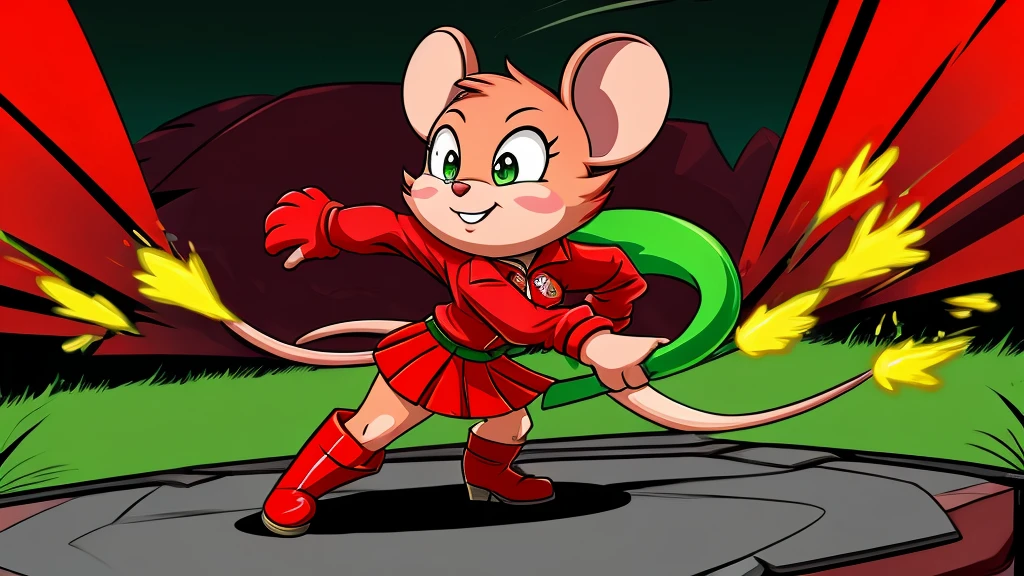 Red female mouse with a green tail, named Cherry. She wears a red jacket, a red shirt, a green skirt, and red boots. She throws cherry bombs at enemies.
cartoon style, gaming
