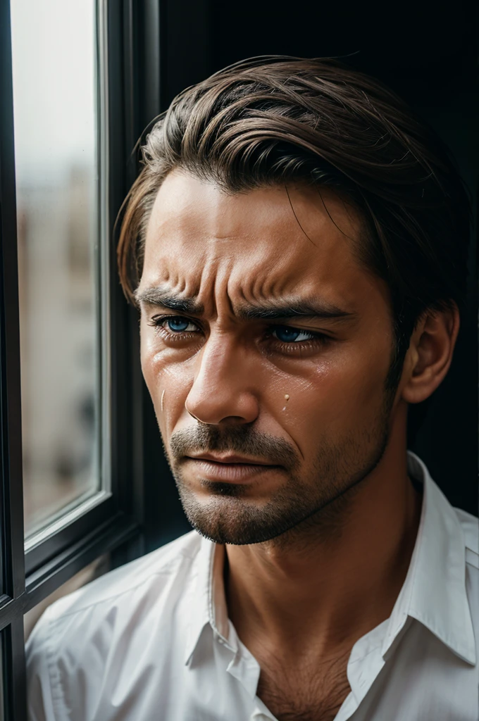 A man crying eye at window
