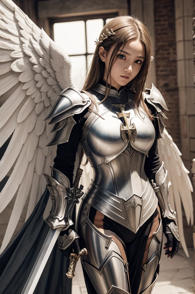 angel with four wings with crossed sword angel with four wings with Beautiful armor with a cross on the chest