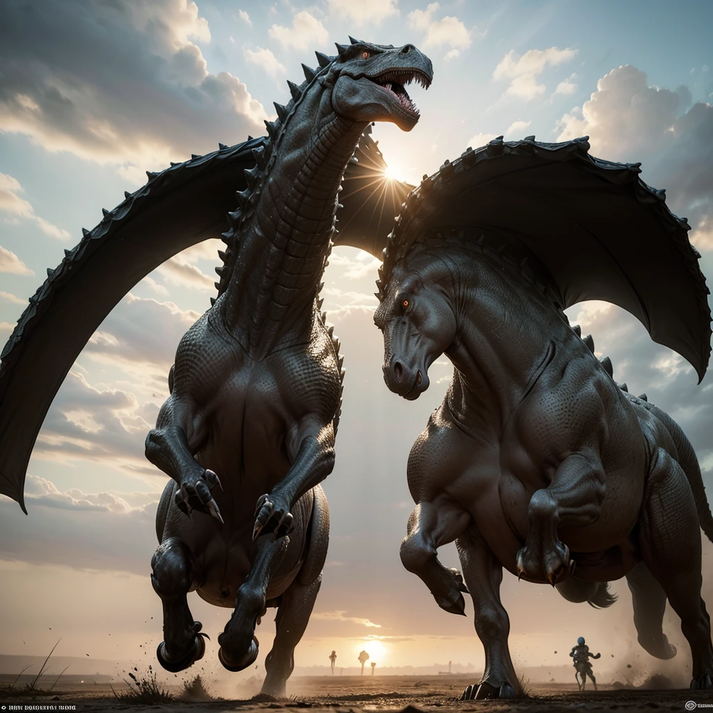 In a prehistoric environment, the sun sets over the horizon as a medieval knight, dressed in shining armor and riding his imposing horse, comes across a colossal dinosaur. The dinosaur, with its scaly skin and sharp teeth, roars fiercely before the knight, ready for confrontation. The knight wields a shining sword, Prepared to defend your honor and survive the battle. Both combatants exchange intense glances, each evaluating the opponent in search of a strategic advantage. The scene is dramatic and tense, with the imminence of a clash that will decide the fate of both in this primitive and dangerous landscape.