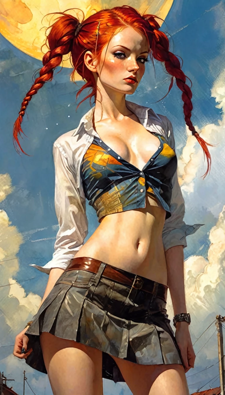 Sexy girl in clockworld theme,, best quality, ultra detailed, illustration, 1 girl, twin braided red hair, open shirt, sunlight, cloudy sky, small breasts, microskirt, great detail surroundings, short shirt, crop top ( art inspired by Bill Sienkiewicz). oil painting)
