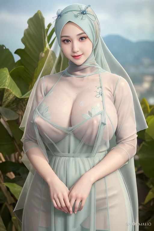 (RAW photo:1.2), (photorealistic:1.4),(masterpiece:1.3),(best quality:1.4),ultra high res,(detailed eyes),(detailed facial features),(detailed clothes features),HDR,8k resolution, skin tight, (((high detailed skin,visible pores))), dreamlike, (ulzzang-6500-v1.1:0.5),pureerosface_v1:0.2, face close-up, 1 girl,tall, 30 yo, gigantic breast, wearing tight close pastel floral silk malay gamis ((see through transparent with hijab)), full body, smile, Reisa brotoasmoro, wearing high heels, full body shot camera