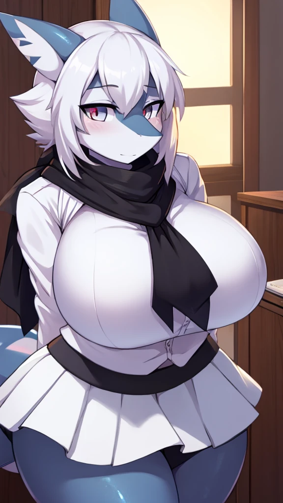 shark girl, Very sexy, big breasts, Black scarf, white skirt, white shirt