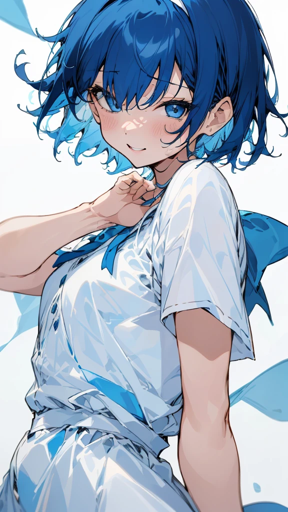 One Girl, solo, Short hair like a boy、Dark blue hair、Light blue hair band:1.2、blue eyes, Laughter, White Dress, Line art, From the side、Upper body close-up、Simple Background, White background,