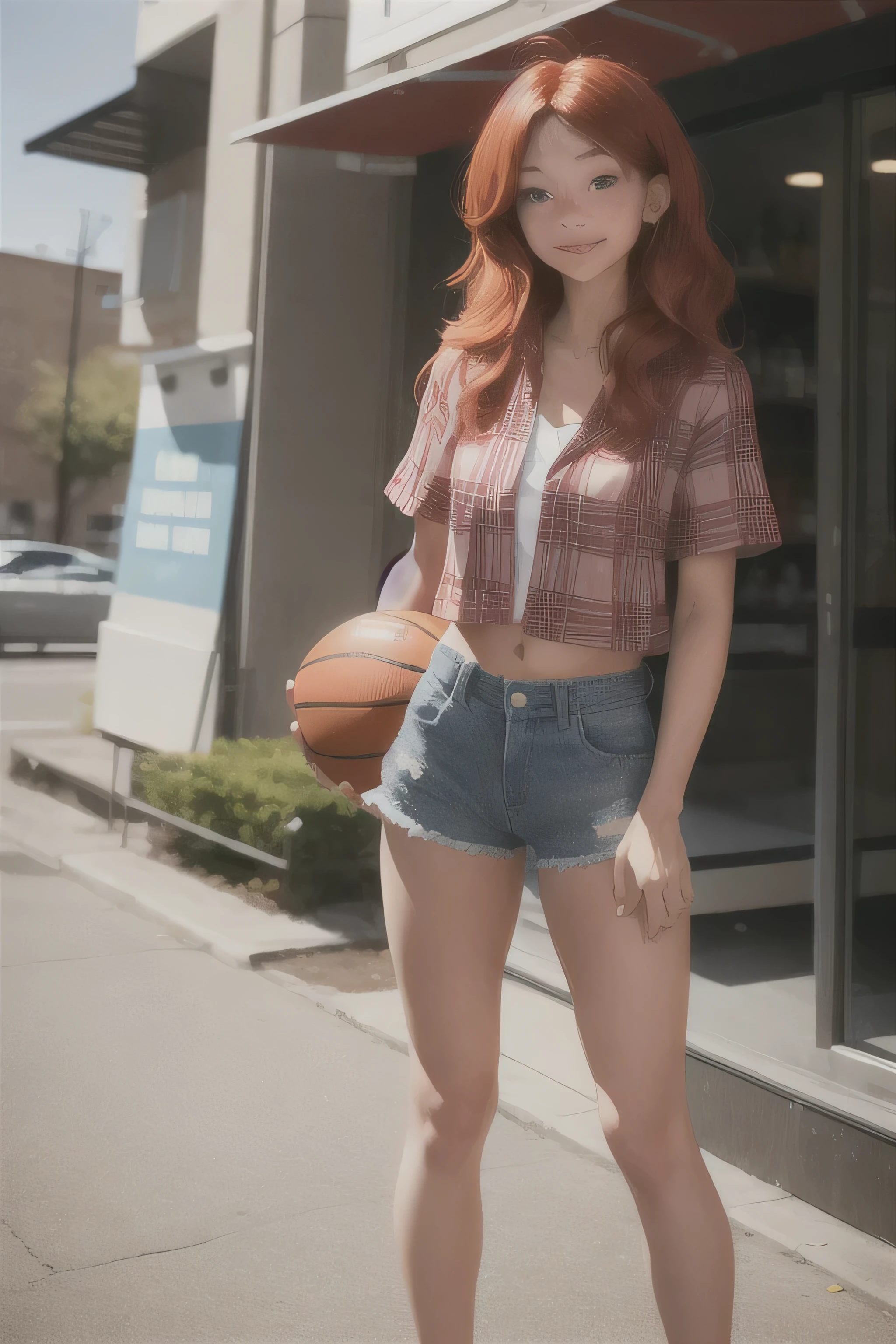 girl, 1.65 m, physique: slim, tall, athletic. Hair: red, long and wavy. Eyes: light blue. Skin: white with freckles. Wearing denim shorts and a plaid blouse. With a grimace. Holding a basketball.