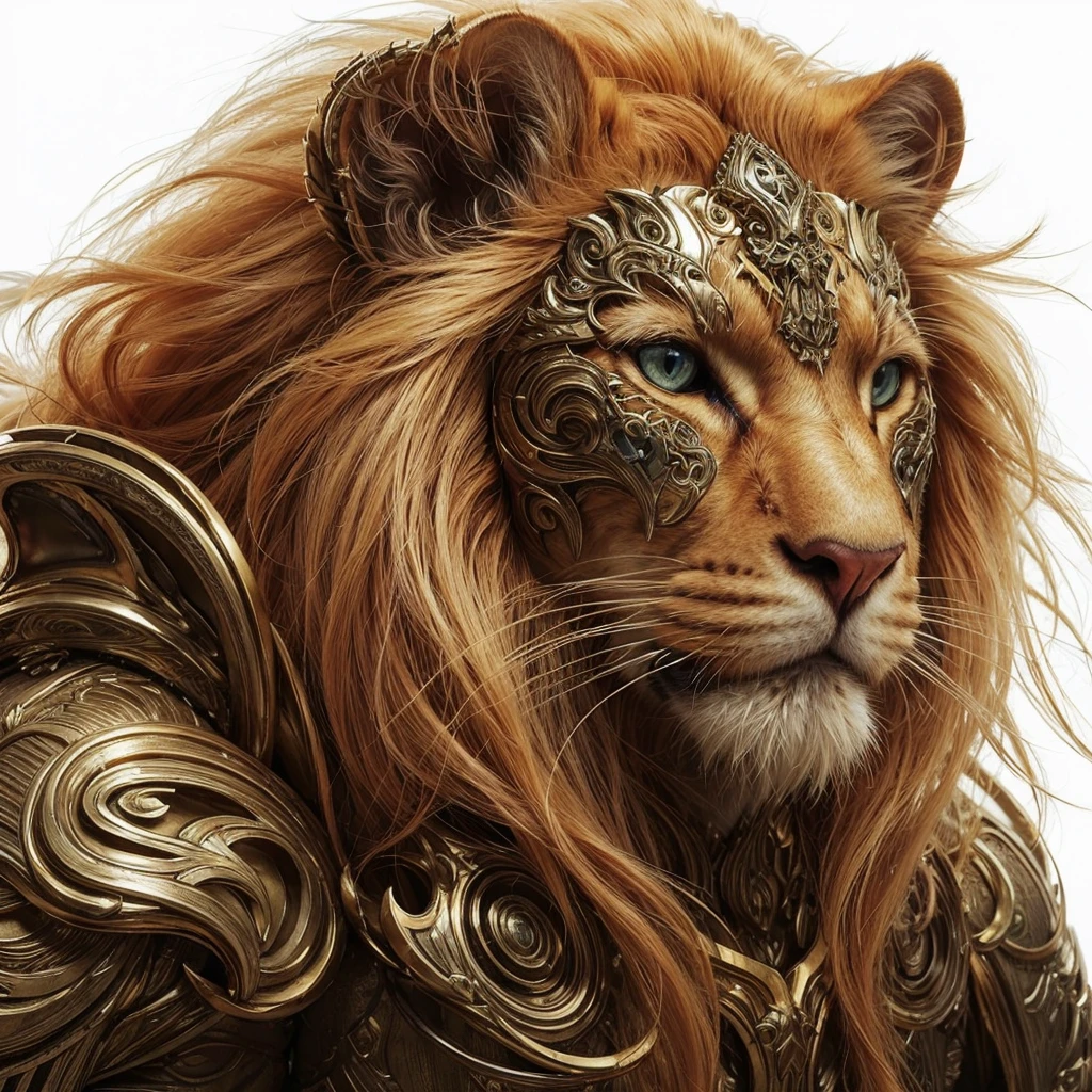 Lineage of bluish Leo feline multidimensional being wearing golden armor