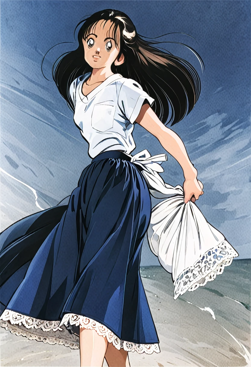 音無響子制服のLong skirt、The color is dark blue、
Low - Angle、制服のLong skirt、The color is dark blue、
Low - Angle、Long skirt、Hold down your skirt that is being blown up by the strong wind、Anime white panties in a strong wind、Crotch is visible
ローレグのパンツ、Color: White、
Crotch is visible、
、Lined、White lace lining、