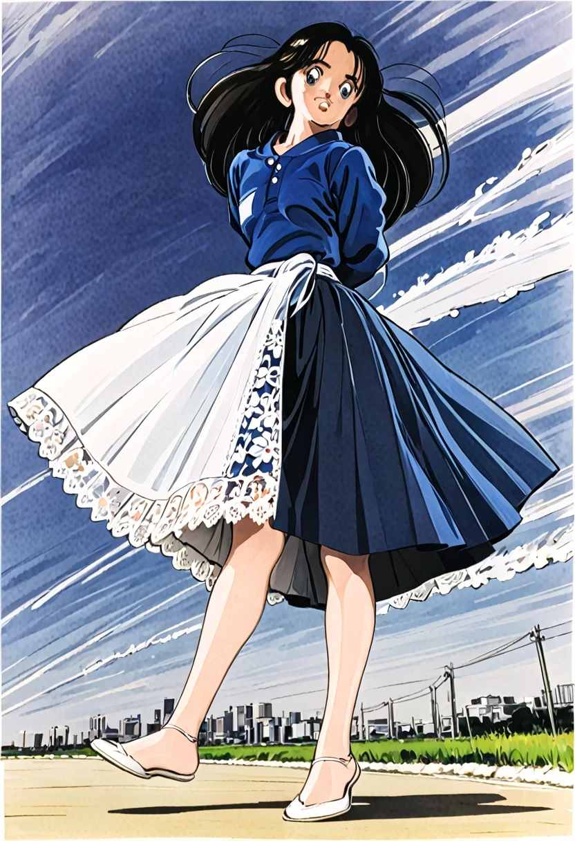 音無響子制服のLong skirt、The color is dark blue、
Low - Angle、制服のLong skirt、The color is dark blue、
Low - Angle、Long skirt、Hold down your skirt that is being blown up by the strong wind、Anime white panties in a strong wind、Crotch is visible
ローレグのパンツ、Color: White、
Crotch is visible、
、Lined、White lace lining、
