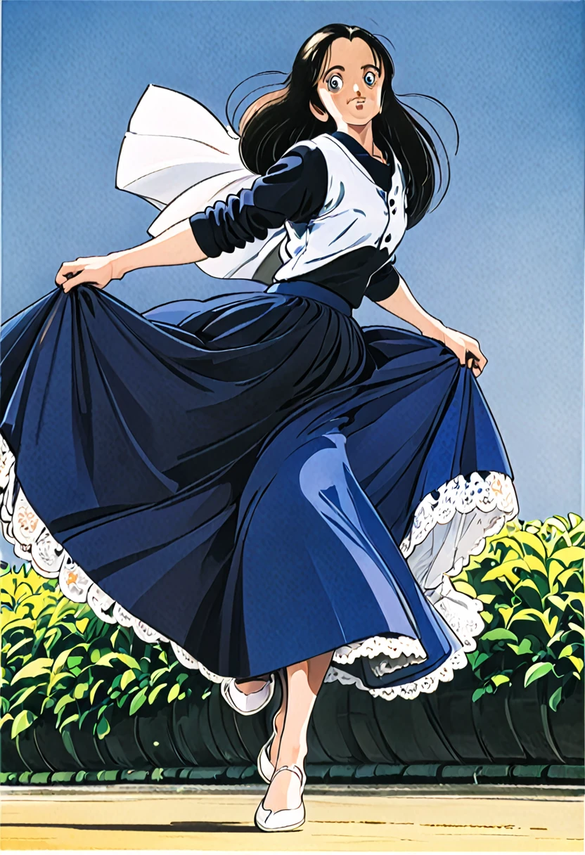 音無響子制服のLong skirt、The color is dark blue、
Low - Angle、制服のLong skirt、The color is dark blue、
Low - Angle、Long skirt、Hold down your skirt that is being blown up by the strong wind、Anime white panties in a strong wind、Crotch is visible
ローレグのパンツ、Color: White、
Crotch is visible、
、Lined、White lace lining、
