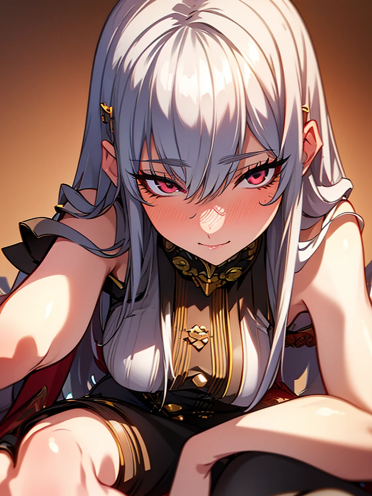 1 woman Sitting, crossed legs, smile, looking at the viewer, blushing, detailed face, (masterpiece),detailed eyes, highly detailed eyes ,  silver hair, red eyes,
masterpeace, best quality, (extremely detailed CG:1.3), highly detailed faces