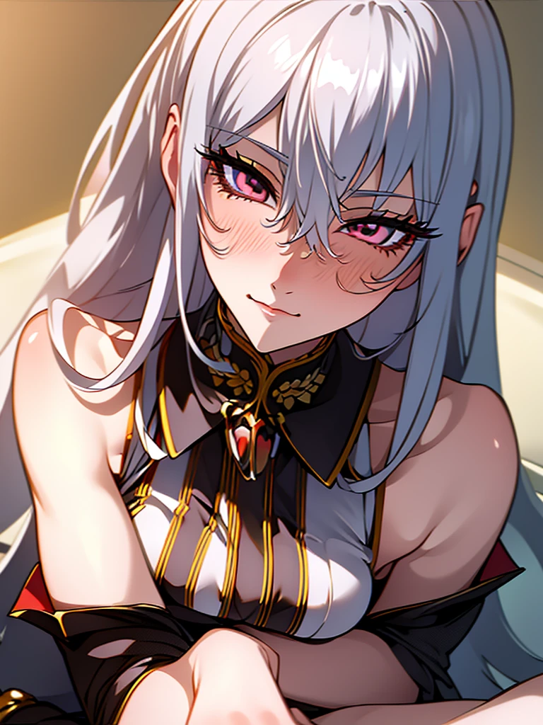 1 woman Sitting, crossed legs, smile, looking at the viewer, blushing, detailed face, (masterpiece),detailed eyes, highly detailed eyes ,  silver hair, red eyes,
masterpeace, best quality, (extremely detailed CG:1.3), highly detailed faces