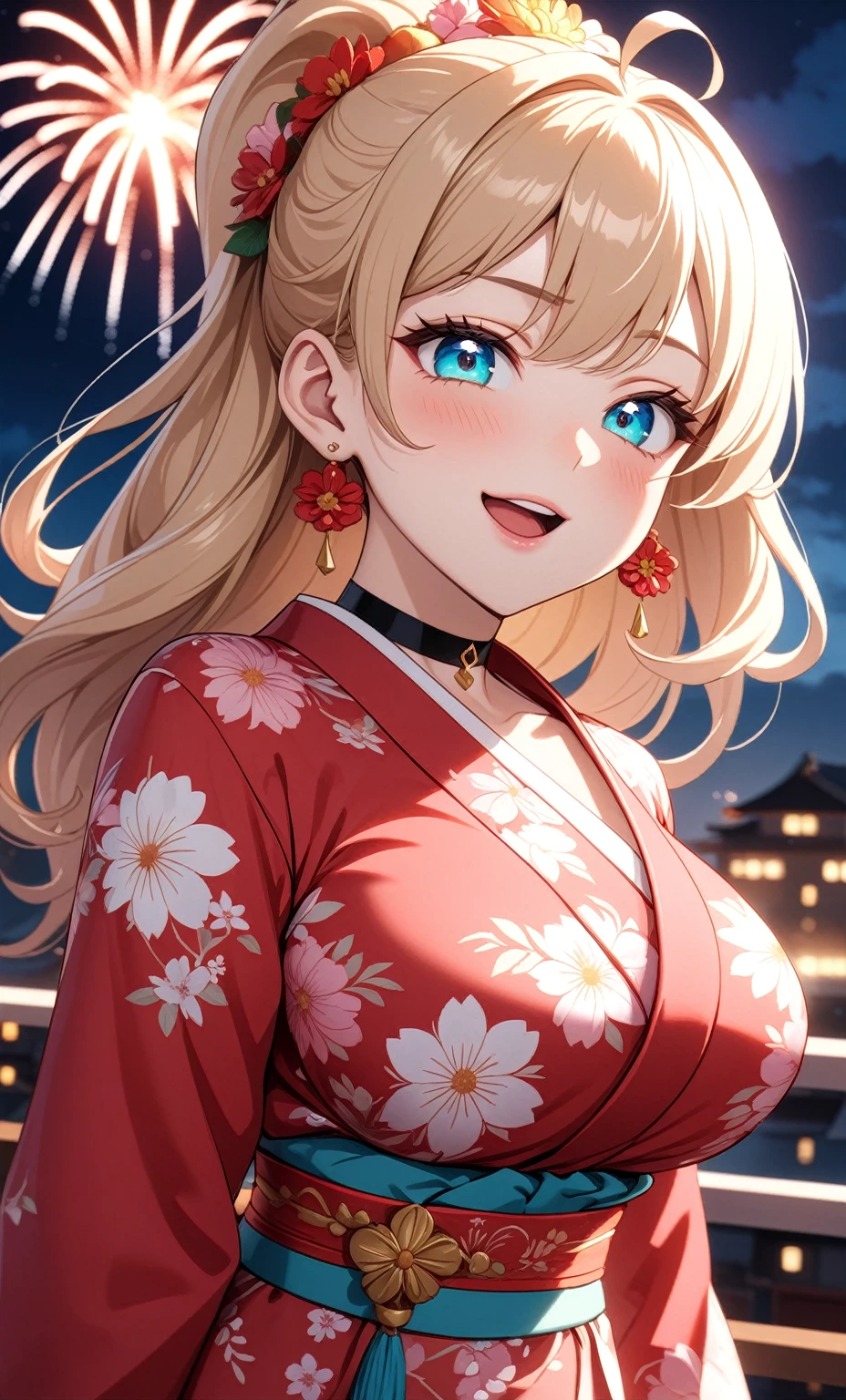 ((One personの女性)), Beautiful Face, ((embarrassed)),((Wink:1.7)), (head tilt), Laugh with your mouth wide open,((Bright red cheeks:1.4)),Shiny red lips,night,rooftop,You can see the ocean, firework,Laughing with your mouth open,Glossy pink lips,Facial lighting,((Anime style background)),masterpiece, Highest quality, so beautiful,up to date, Complex details, (Pink long nails),(ring),(bracelet),(choker),AI-generated, Complex,High resolution, Highest quality, super high quality,3D Images、3D Images,One person,Long blonde hair,High Ponytail,(turquoise blue eyes),Anime woman posing for a photo, ((Fine grain、Colorful eyes、Shining Eyes:1.3)),(Squint your eyes:1.1),a hyperRealistic , hyperRealistic , Realistic,Anime woman with long white hair, Smooth anime CG art, A woman in a colorful kimono with gold embroidery, (Pink long sleeve kimono),Red floral pattern,Long flower hair ornament,Earrings,Mature Body,(Big Breasts:1.1),Tall,Abdominal muscles,Tight waist,(Zoom up to face:1.4),(front view),
