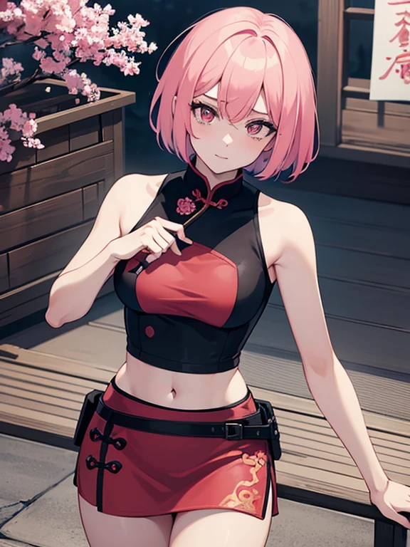a woman, pink hair ,black eyes, red pupils, bright Eyes , traditional chinese ink painting, in shortskirt, low cut top, skinny, sexy, short hair