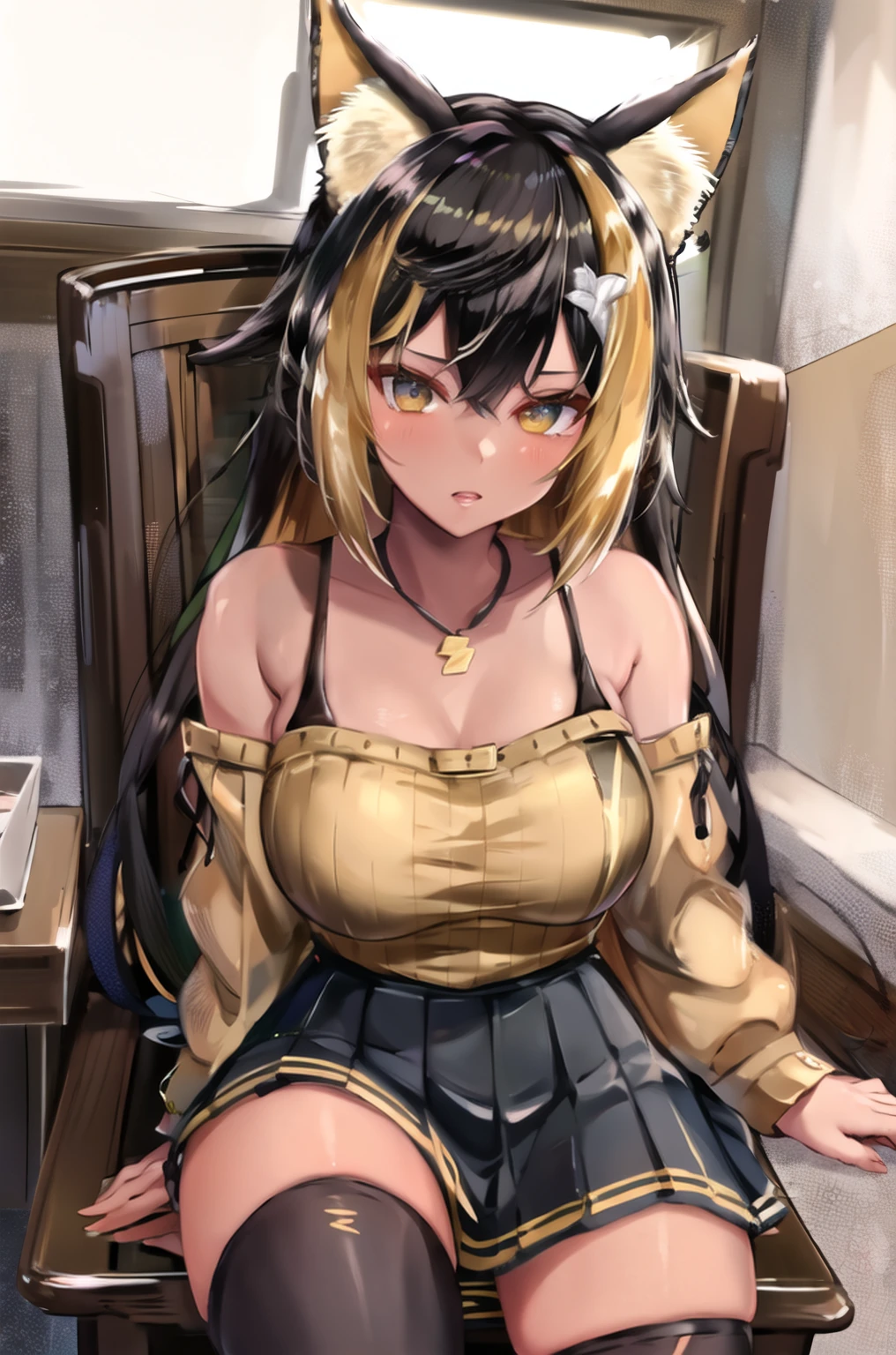 masterpiece, Highest quality, High resolution, hmnc1, Animal ears, tail, Dark Skin, Multicolored Hair, Black knee socks,Thighs,Off-the-shoulder sweater, Pleated skirt, Black Skirt, jewelry, necklace, Ribbed sweatshirt, clavicle, Cowboy Shot, Sitting in a chair,With legs apart,Satin panties are visible,Show off, indoor,Shame face,