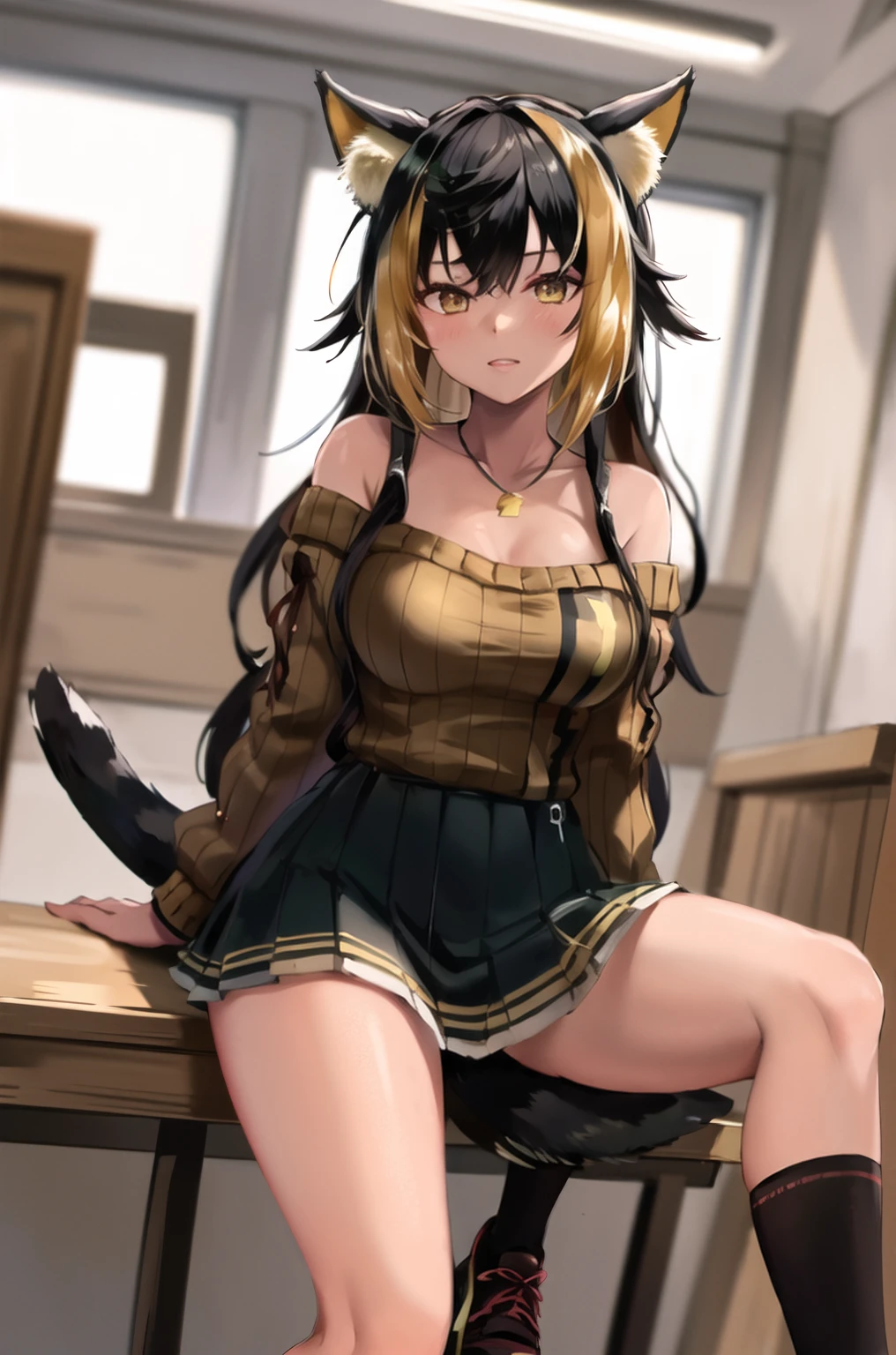 masterpiece, Highest quality, High resolution, hmnc1, Animal ears, tail, Dark Skin, Multicolored Hair, Black knee socks,Thighs,Off-the-shoulder sweater, Pleated skirt, Black Skirt, jewelry, necklace, Ribbed sweatshirt, clavicle, Cowboy Shot, Sitting in a chair,With legs apart,Satin panties are visible,Show off, indoor,Shame face,