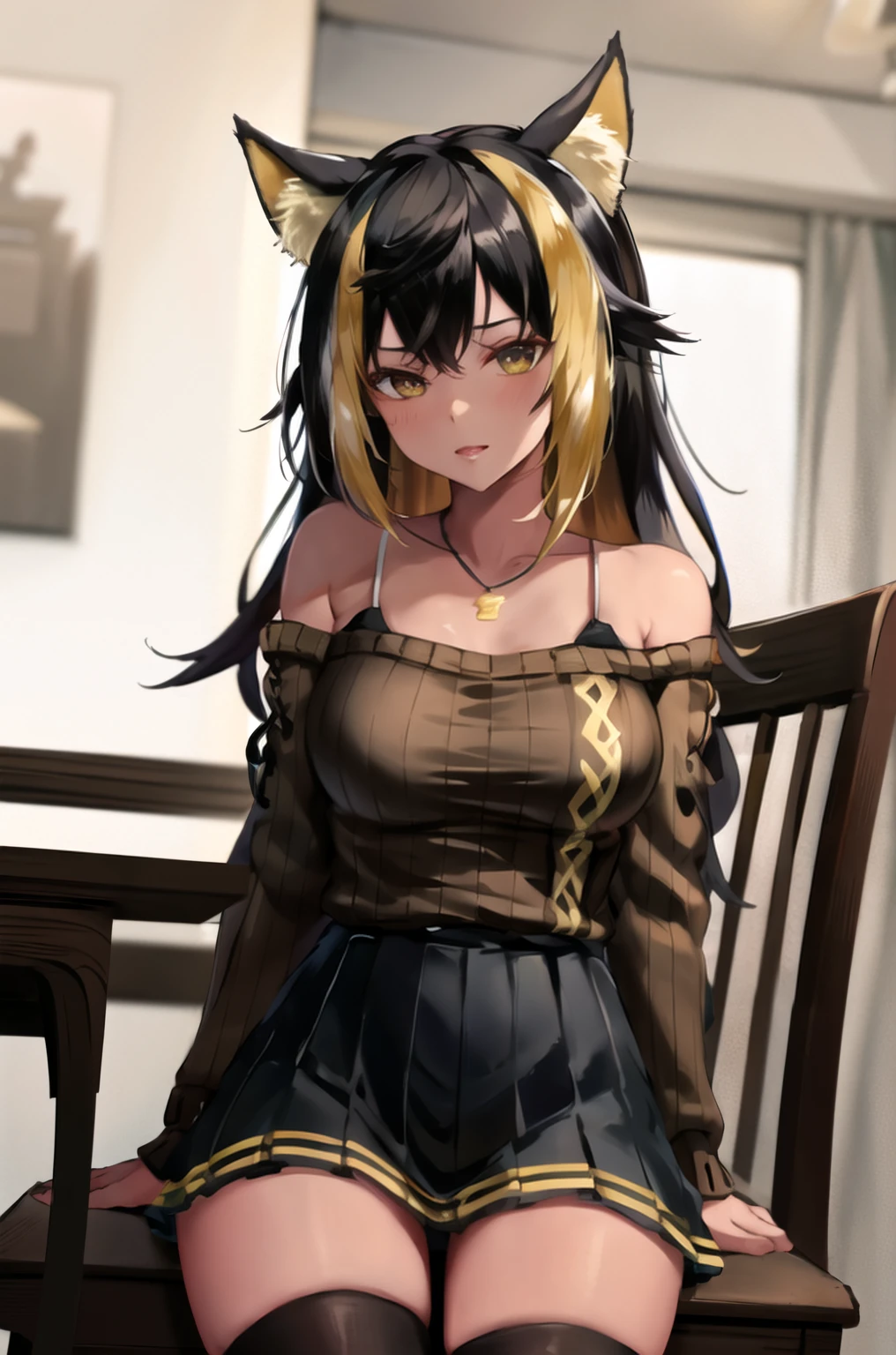 masterpiece, Highest quality, High resolution, hmnc1, Animal ears, tail, Dark Skin, Multicolored Hair, Black knee socks,Thighs,Off-the-shoulder sweater, Pleated skirt, Black Skirt, jewelry, necklace, Ribbed sweatshirt, clavicle, Cowboy Shot, Sitting in a chair,With legs apart,Satin panties are visible,Show off, indoor,Shame face,