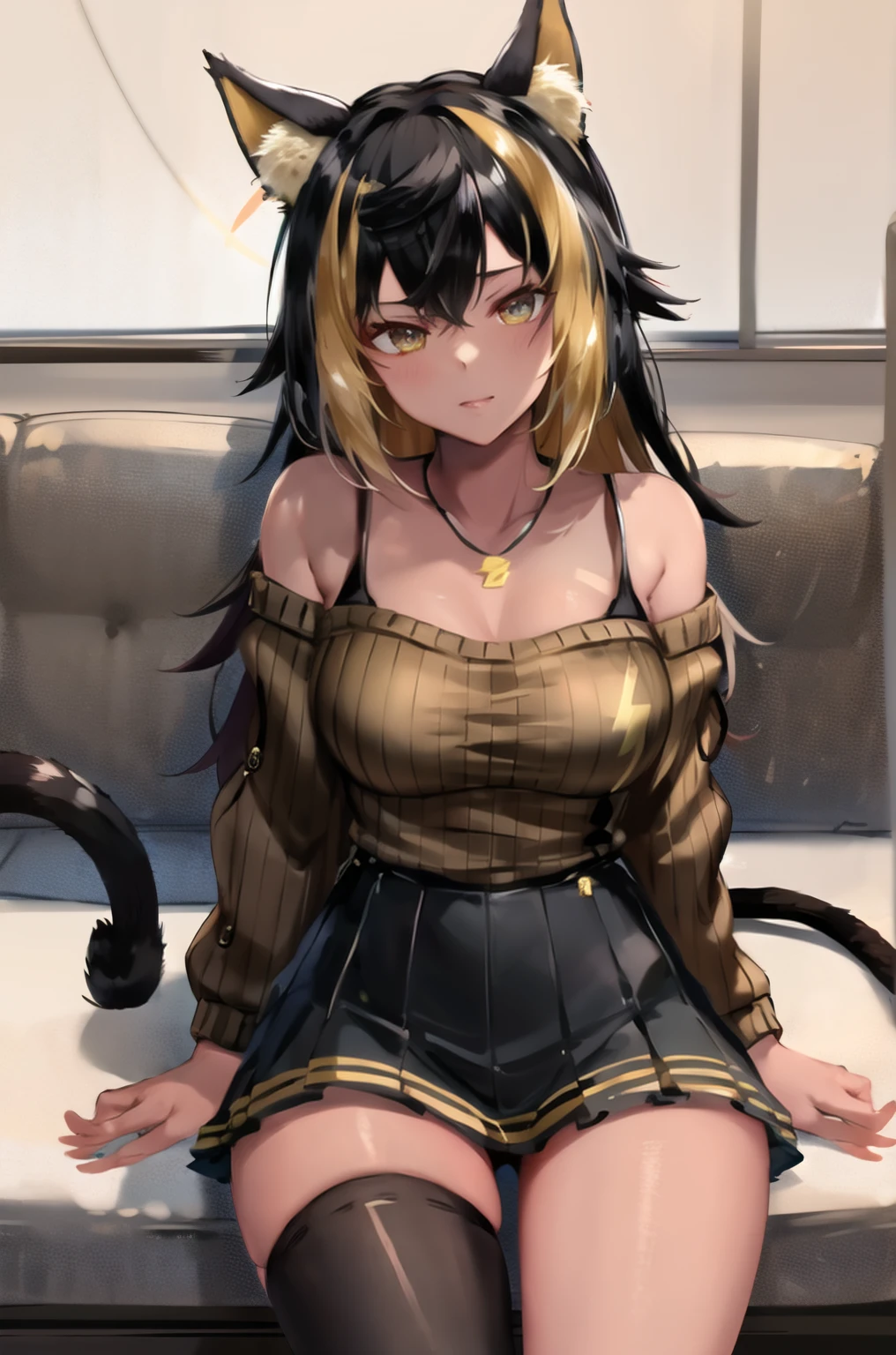 masterpiece, Highest quality, High resolution, hmnc1, Animal ears, tail, Dark Skin, Multicolored Hair, Black knee socks,Thighs,Off-the-shoulder sweater, Pleated skirt, Black Skirt, jewelry, necklace, Ribbed sweatshirt, clavicle, Cowboy Shot, Sitting in a chair,With legs apart,Satin panties are visible,Show off, indoor,Shame face,