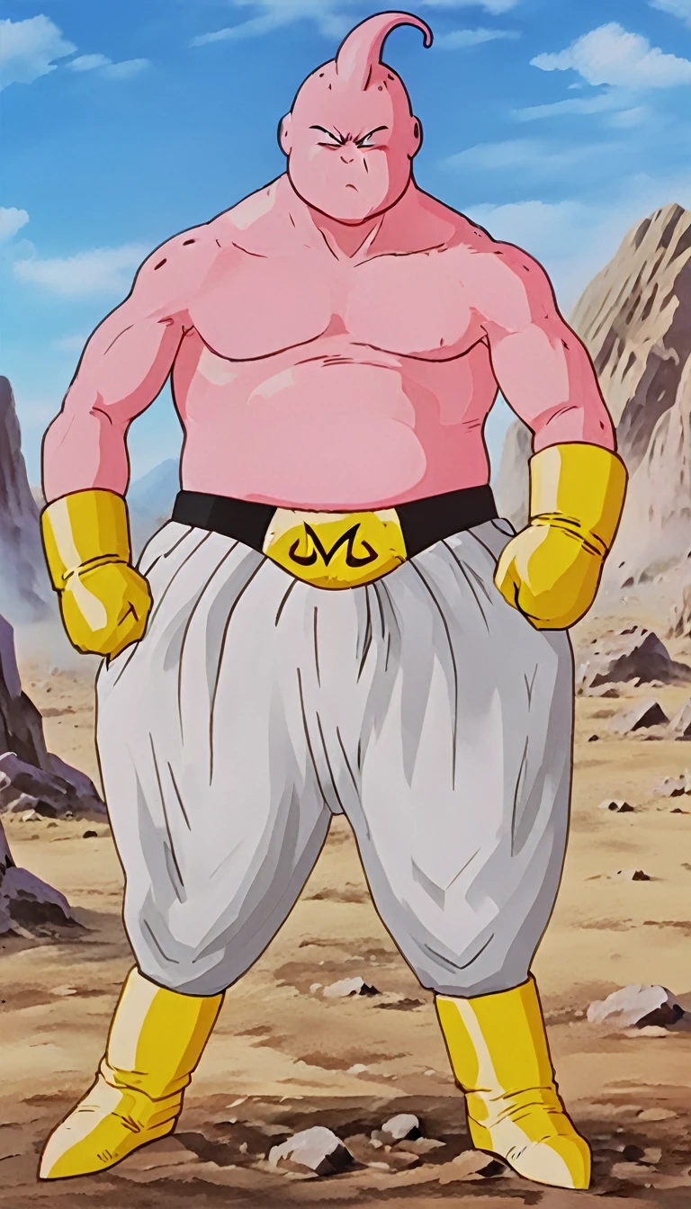 solo, majin buu,short, (musclar:2),(angry:2),fighting,in wasteland,destroyed rock,(soft shading), 4k, hi res, ((detailed face, (detailed eyes:1.0), detailed)), (full body), looking at viewer, 1boy, upper body, male focus,white_pants,nude,(topless:1.5),( shirtless:2.5),torn clothes,bare pectorals, fighting stance,
