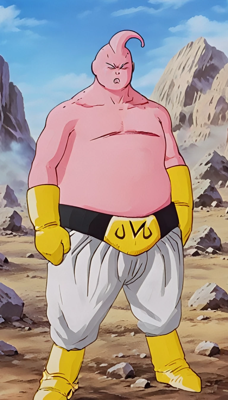 solo, majin buu,short, (musclar:2),(angry:2),fighting,in wasteland,destroyed rock,(soft shading), 4k, hi res, ((detailed face, (detailed eyes:1.0), detailed)), (full body), looking at viewer, 1boy, upper body, male focus,white_pants,nude,(topless:1.5),( shirtless:2.5),torn clothes,bare pectorals, fighting stance,