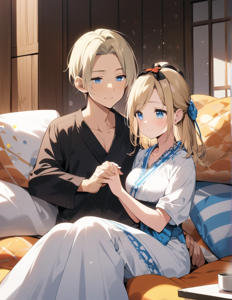 1 man, Black hair and blue eyes, prinz, chill out, guard, holding hands ,1 Women, Blonde hair and blue eyes, The beautiful, DOA, in a house sitting in cushion 