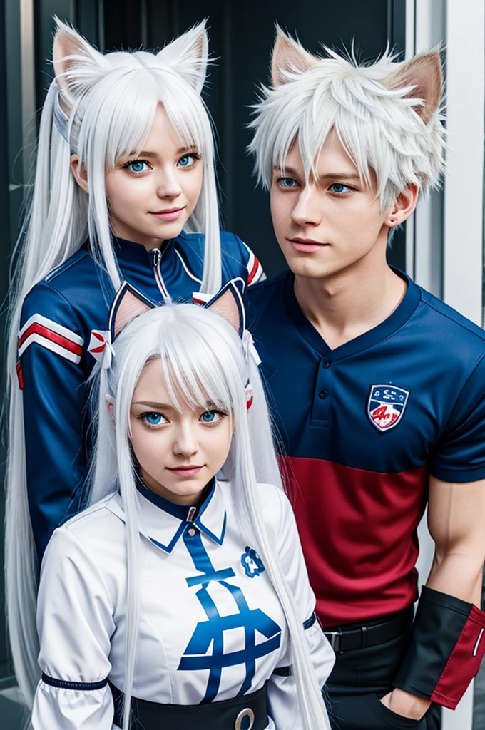 She is a woman and has long white hair.,has cat ears and tail,He has bright blue eyes,She has the UA uniform and is in love with Bakugou.,it's with bakugou, It's in a UA class background and it's from boku no hero academia