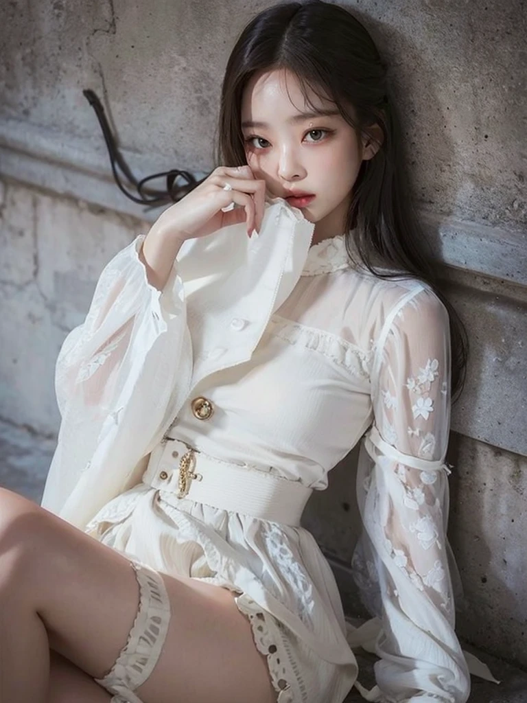 Jennie kim, Long hair with waves, gray lips, doll lips, large eyes, adorable, small nose, , tender, prominent breasts, beautiful woman watching the viewer 