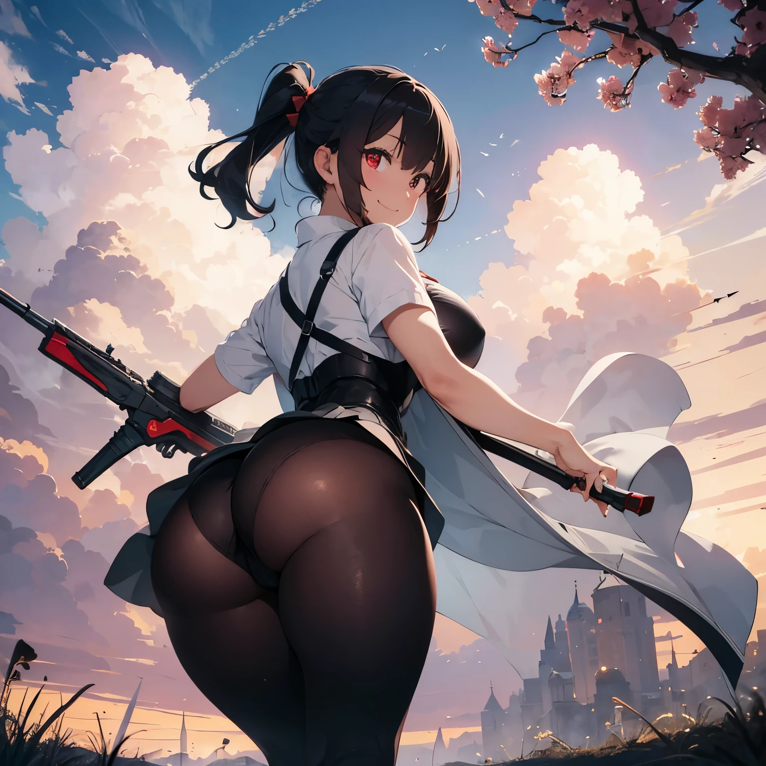 a woman with a big butt and wide hips, her butt is visible in her dress, she is with a single weapo, It's in the battle field, she has red eye and she smiling.