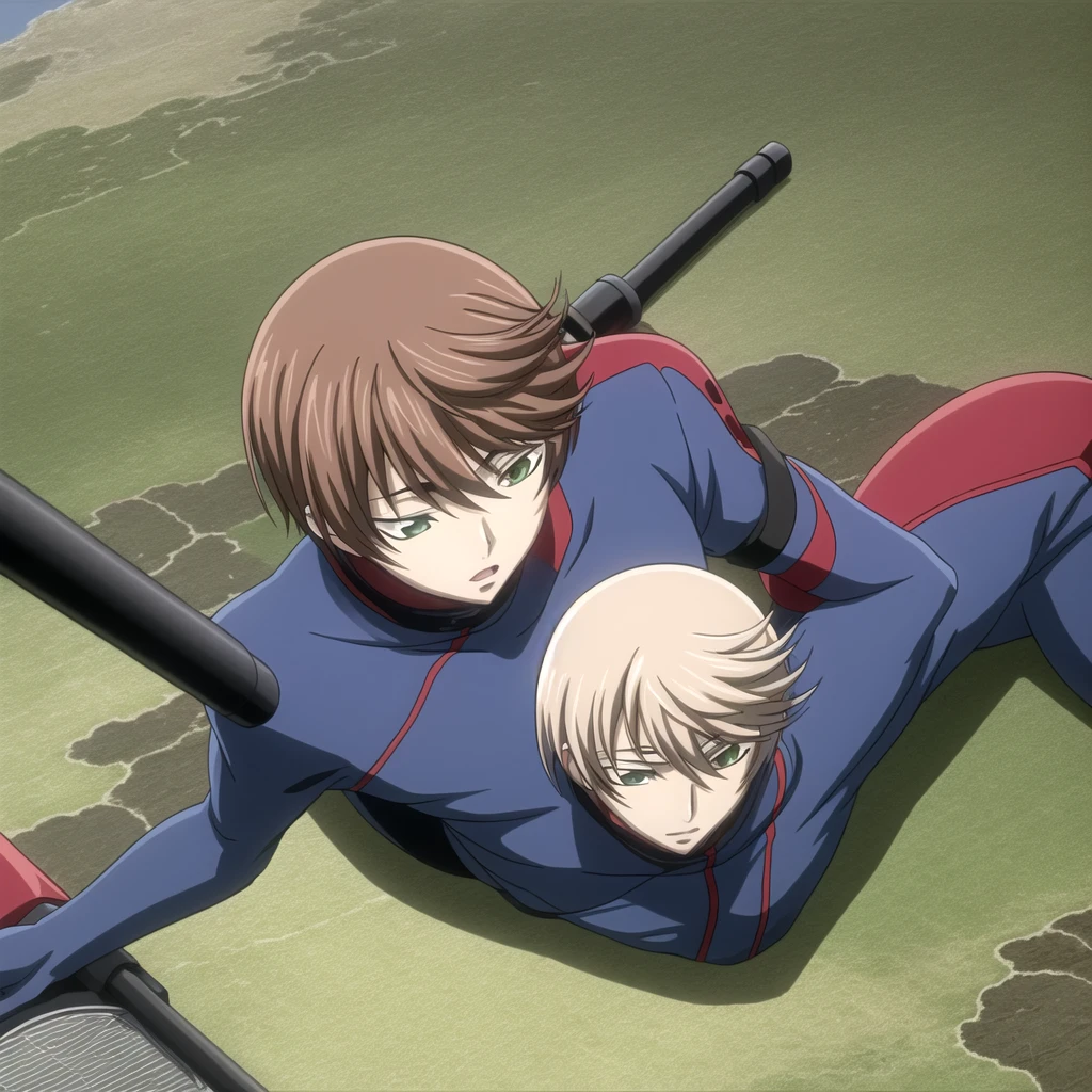 yukiyanaruse, 1boy, full body, in combat suit, looking down to plains from helicopter cockpit