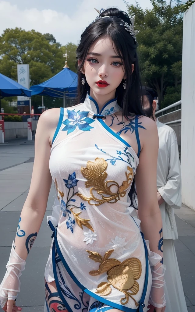Royal princess,Super detailed, Delicate face, Stock Photography , Portrait 400, F1 Camera Lens.6, Colorful, Surrealism, Realistic textures, Dramatic Lighting, Thin Film Distiller 800 (8K, original photo, Better quality, masterpiece: 1.2), Super detailed, (Extremely delicate skin: 1.2), 8K 超高清, SLR camera, Soft Light, high quality.Fire Queen,Blue pupils,Apply red lipstick,Have a tattoo,The tattoo is very three-dimensional,Gorgeous and intricate tattoo designs,8K Mugshot,Large Breasts,Dark eyeshadow,Sexy thick lips(Red lipstick),Ice Princess,The facial features are very three-dimensional,Blue and white porcelain cheongsam