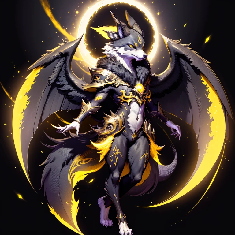 (1 wolf) full body, a white eyed black and yellow carbuncle, with four winged pointy ears with dark energy, light yellow feathered wings, dark energy around, eclipse background