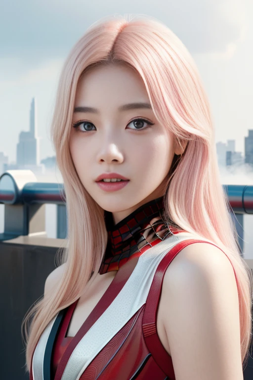 (1girl:1.3), Solo, (((Very detailed face)))), ((Very detailed eyes and face)))), Beautiful detail eyes, Body parts__, Official art, Unified 8k wallpaper, Super detailed, beautiful and beautiful, beautiful, masterpiece, best quality, original, masterpiece, super fine photo, best quality, super high resolution, realistic realism, sunlight, full body portrait, amazing beauty, dynamic pose, delicate face, vibrant eyes, (from the front), She wears Spider-Man suit, red and black color scheme, spider, very detailed city roof background, rooftop, overlooking the city, detailed face, detailed complex busy background, messy, gorgeous, milky white, highly detailed skin, realistic skin details, visible pores, clear focus, volumetric fog, 8k uhd, DSLR, high quality, film grain, fair skin, photo realism, lomography, futuristic dystopian megalopolis, translucent, hair pink and blonde