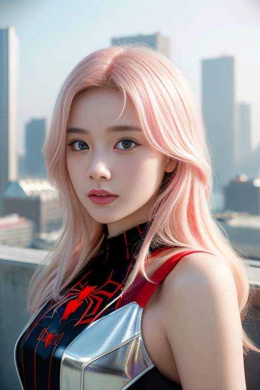 (1girl:1.3), Solo, (((Very detailed face)))), ((Very detailed eyes and face)))), Beautiful detail eyes, Body parts__, Official art, Unified 8k wallpaper, Super detailed, beautiful and beautiful, beautiful, masterpiece, best quality, original, masterpiece, super fine photo, best quality, super high resolution, realistic realism, sunlight, full body portrait, amazing beauty, dynamic pose, delicate face, vibrant eyes, (from the front), She wears Spider-Man suit, red and black color scheme, spider, very detailed city roof background, rooftop, overlooking the city, detailed face, detailed complex busy background, messy, gorgeous, milky white, highly detailed skin, realistic skin details, visible pores, clear focus, volumetric fog, 8k uhd, DSLR, high quality, film grain, fair skin, photo realism, lomography, futuristic dystopian megalopolis, translucent, hair pink and blonde