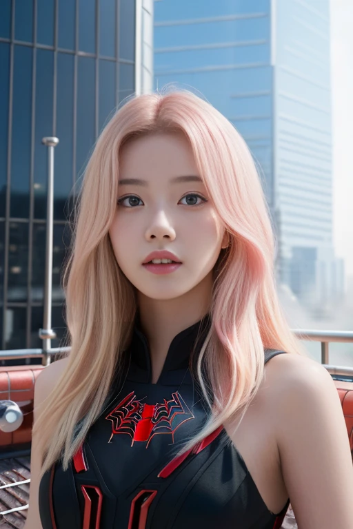 (1girl:1.3), Solo, (((Very detailed face)))), ((Very detailed eyes and face)))), Beautiful detail eyes, Body parts__, Official art, Unified 8k wallpaper, Super detailed, beautiful and beautiful, beautiful, masterpiece, best quality, original, masterpiece, super fine photo, best quality, super high resolution, realistic realism, sunlight, full body portrait, amazing beauty, dynamic pose, delicate face, vibrant eyes, (from the front), She wears Spider-Man suit, red and black color scheme, spider, very detailed city roof background, rooftop, overlooking the city, detailed face, detailed complex busy background, messy, gorgeous, milky white, highly detailed skin, realistic skin details, visible pores, clear focus, volumetric fog, 8k uhd, DSLR, high quality, film grain, fair skin, photo realism, lomography, futuristic dystopian megalopolis, translucent, hair pink and blonde
