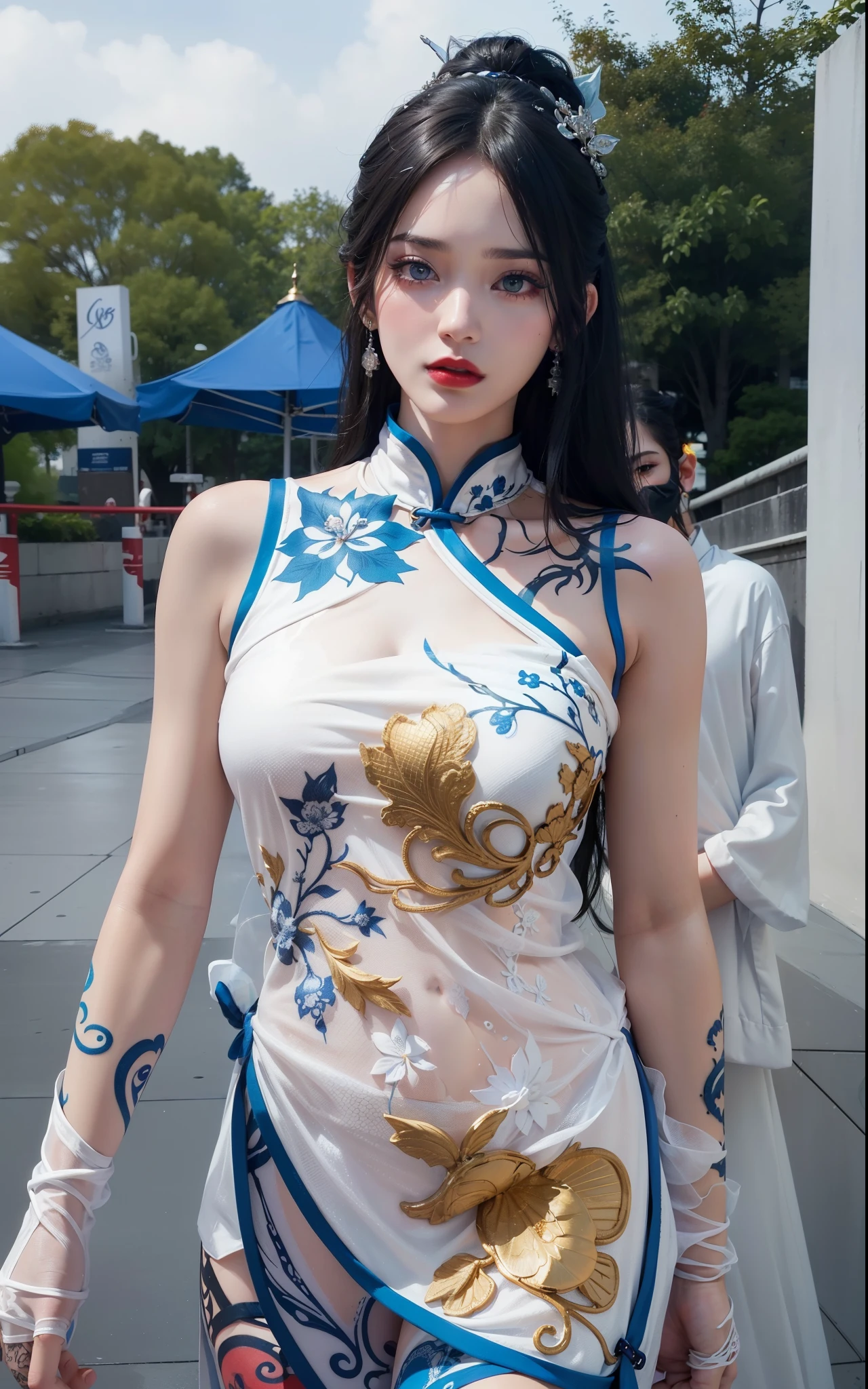 Royal princess,Super detailed, Delicate face, Stock Photography , Portrait 400, F1 Camera Lens.6, Colorful, Surrealism, Realistic textures, Dramatic Lighting, Thin Film Distiller 800 (8K, original photo, Better quality, masterpiece: 1.2), Super detailed, (Extremely delicate skin: 1.2), 8K 超高清, SLR camera, Soft Light, high quality.Fire Queen,Blue pupils,Apply red lipstick,Have a tattoo,The tattoo is very three-dimensional,Gorgeous and intricate tattoo designs,8K Mugshot,Large Breasts,Dark eyeshadow,Sexy thick lips(Red lipstick),Ice Princess,The facial features are very three-dimensional,Blue and white porcelain cheongsam