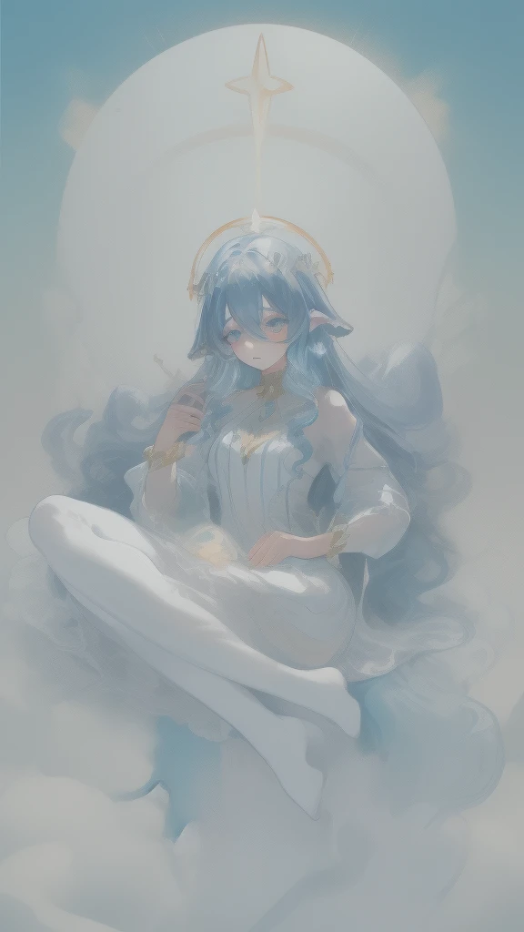 ((SFW:1)), sfw clothes, (best quality,4k,8k, high res,masterpiece:1), ((masterpiece)), (((best quality))), slightly muted colors, hair color, hairstyle fax, eyes, clouds, flowy hair, stars in hair, adult, starry eyes, sea, ocean, celestial, hairstyle fax, deity, muted blue hair, sky-like hair with stars, ocean hair, soft smile, (({comforting aura})) (((abstract:0.7, melting elements from the painting, ghostly, transparent))), angels, luminous, bright character, ghostly luminous character, siren, mesmerizing siren, longing, ((so full of feelings)), ((({divine goddess, divine poses, bringing comfort and compassion, full body poses, godly painting and divine style}:0.9)))
iridescent hair:0.6, beautifully painted, intricately detailed in such a way that enhances the feel of the artwork, focusing on the details of face and overall silhouette, super focus on the eyes and overall expression