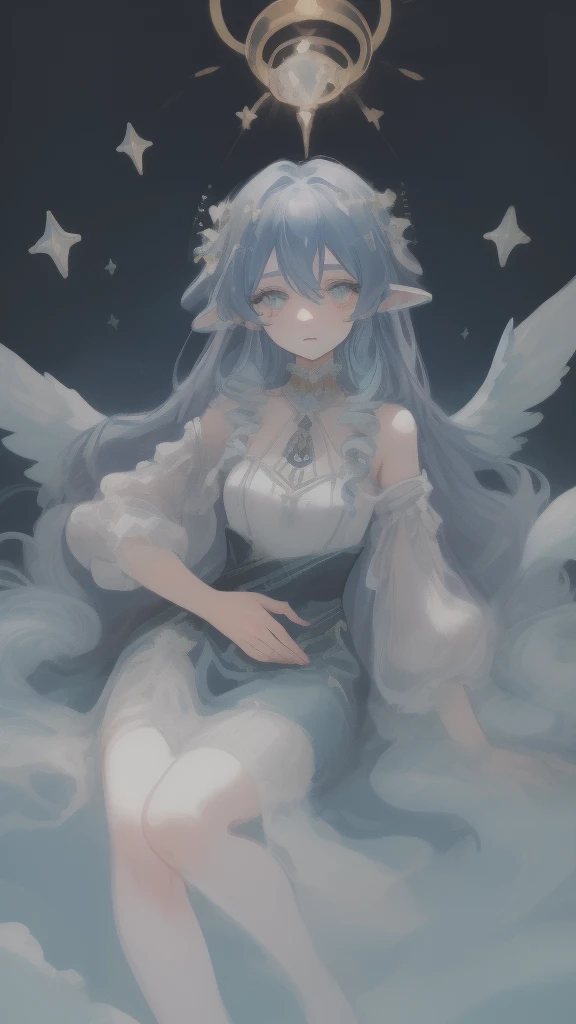 ((SFW:1)), sfw clothes, (best quality,4k,8k, high res,masterpiece:1), ((masterpiece)), (((best quality))), slightly muted colors, hair color, hairstyle fax, eyes, clouds, flowy hair, stars in hair, adult, starry eyes, sea, ocean, celestial, hairstyle fax, deity, muted blue hair, sky-like hair with stars, ocean hair, soft smile, (({comforting aura})) (((abstract:0.7, melting elements from the painting, ghostly, transparent))), angels, luminous, bright character, ghostly luminous character, siren, mesmerizing siren, longing, ((so full of feelings)), ((({divine goddess, divine poses, bringing comfort and compassion, full body poses, godly painting and divine style}:0.9))) 
iridescent hair:0.6, beautifully painted, intricately detailed in such a way that enhances the feel of the artwork, focusing on the details of face and overall silhouette, super focus on the eyes and overall expression