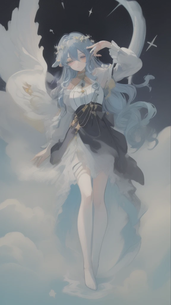 ((SFW:1)), sfw clothes, (best quality,4k,8k, high res,masterpiece:1), ((masterpiece)), (((best quality))), slightly muted colors, hair color, hairstyle fax, eyes, clouds, flowy hair, stars in hair, adult, starry eyes, sea, ocean, celestial, hairstyle fax, deity, muted blue hair, sky-like hair with stars, ocean hair, soft smile, (({comforting aura})) (((abstract:0.7, melting elements from the painting, ghostly, transparent))), angels, luminous, bright character, ghostly luminous character, siren, mesmerizing siren, longing, ((so full of feelings)), ((({divine goddess, divine poses, bringing comfort and compassion, full body poses, godly painting and divine style}:0.9)))
iridescent hair:0.6, beautifully painted, intricately detailed in such a way that enhances the feel of the artwork, focusing on the details of face and overall silhouette, super focus on the eyes and overall expression
