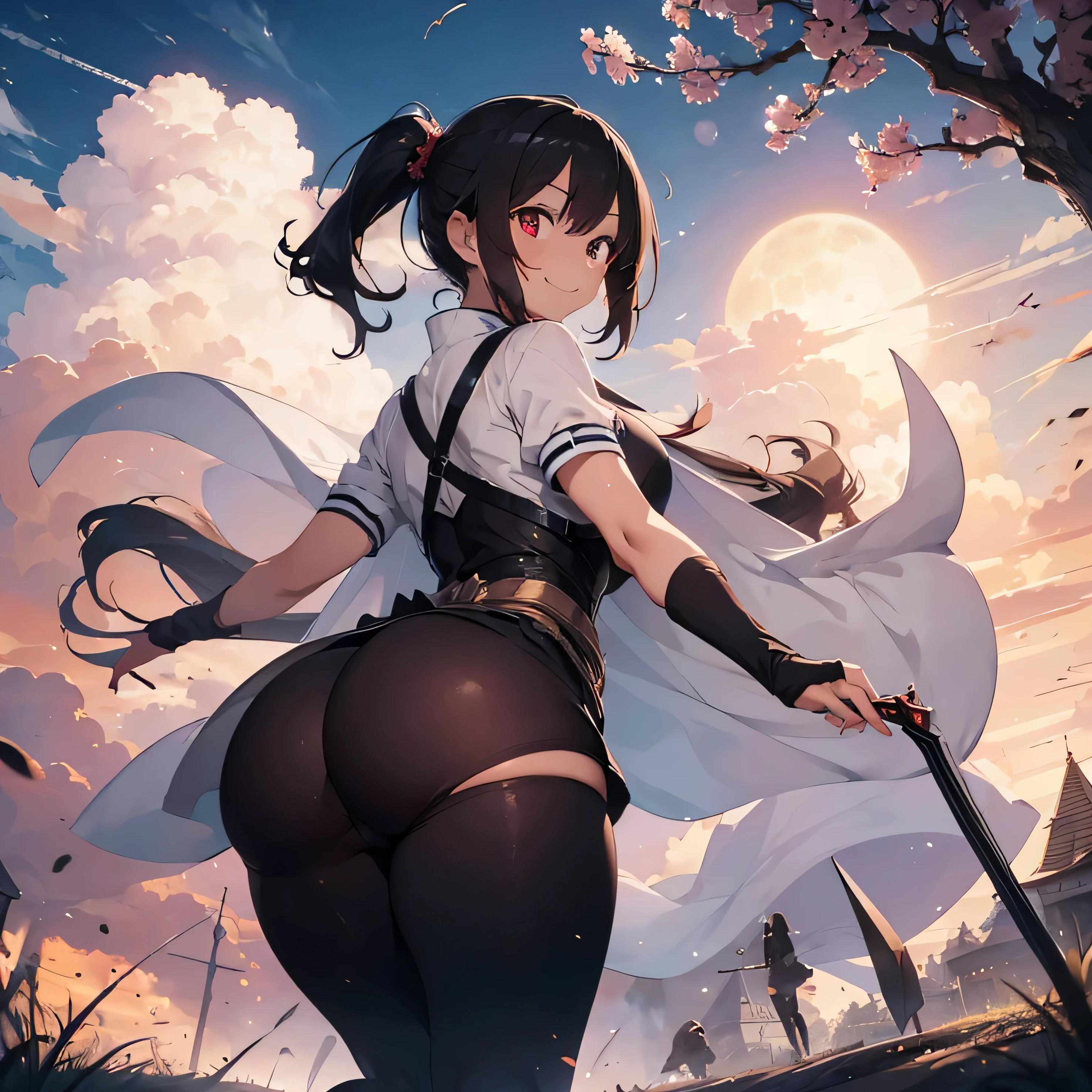 a woman with a big butt and wide hips, her butt is visible in her dress, she is with a single weapo, It's in the battle field, she has red eye and she smiling.
