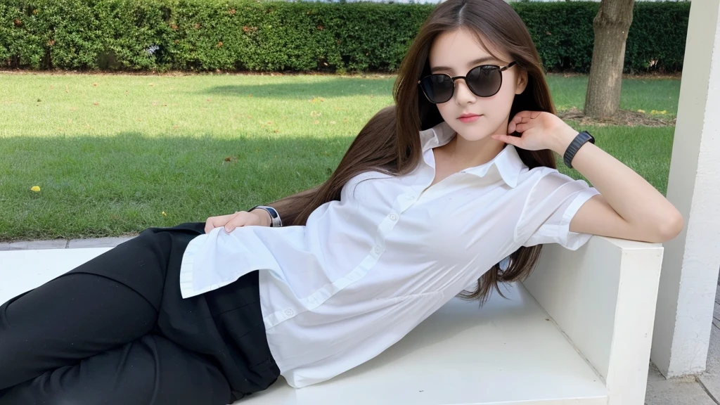 Full body photo of beautiful girl, russian girl, cute girl, good looking girl, 17 years old, school girl, wear white shirt, untidy  shirt, open shirt, messy shirt, untucked white shirt, black pants, wear black glasses, wear watch, ultra details.