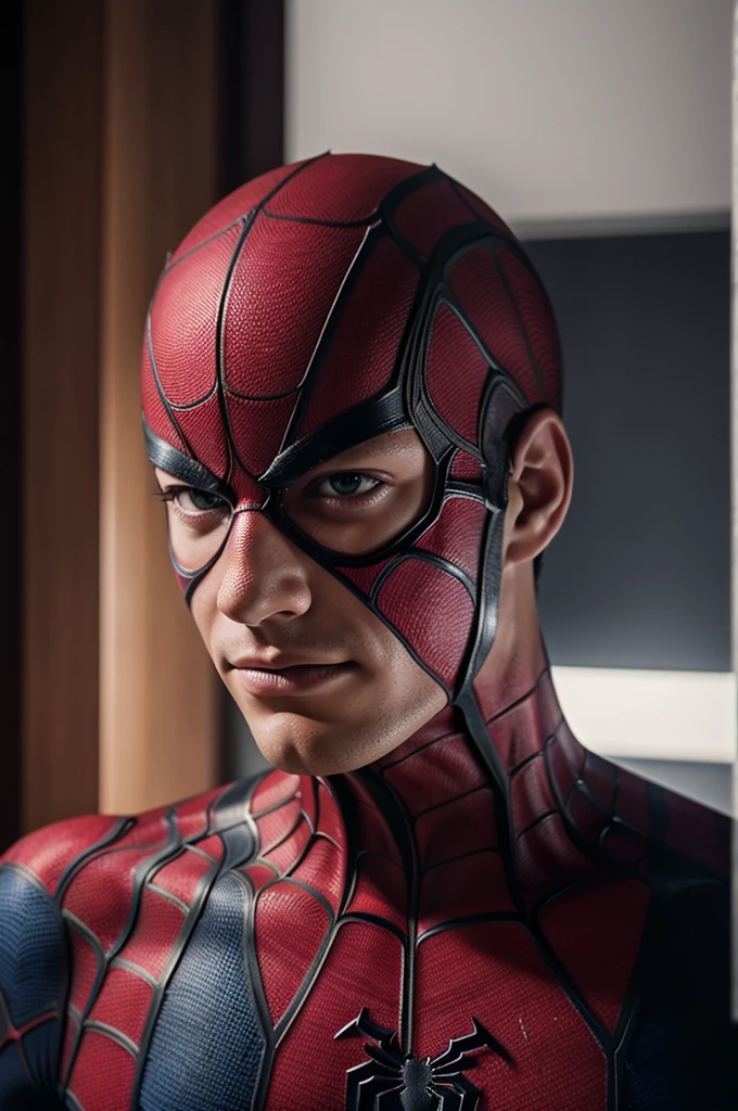 A photograph of spider man, no mask, 20 yo, handsome, detailed face, looking at camera, portrait, 8k uhd, high quality
