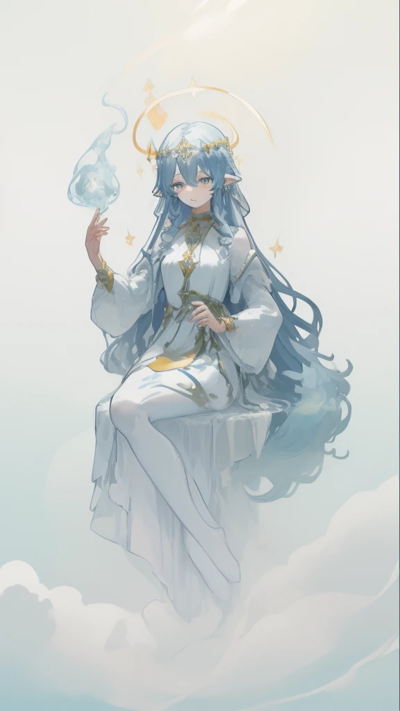 ((SFW:1)), sfw clothes, (best quality,4k,8k, high res,masterpiece:1), ((masterpiece)), (((best quality))), slightly muted colors, hair color, hairstyle fax, eyes, clouds, flowy hair, stars in hair, adult, starry eyes, sea, ocean, celestial, hairstyle fax, deity, muted blue hair, sky-like hair with stars, ocean hair, soft smile, (({comforting aura})) (((abstract:0.7, melting elements from the painting, ghostly, transparent))), angels, luminous, bright character, ghostly luminous character, siren, mesmerizing siren, longing, ((so full of feelings)), ((({divine goddess, divine poses, bringing comfort and compassion, full body poses, godly painting and divine style}:0.9))) 
iridescent hair:0.6, beautifully painted, intricately detailed in such a way that enhances the feel of the artwork, focusing on the details of face and overall silhouette, super focus on the eyes and overall expression