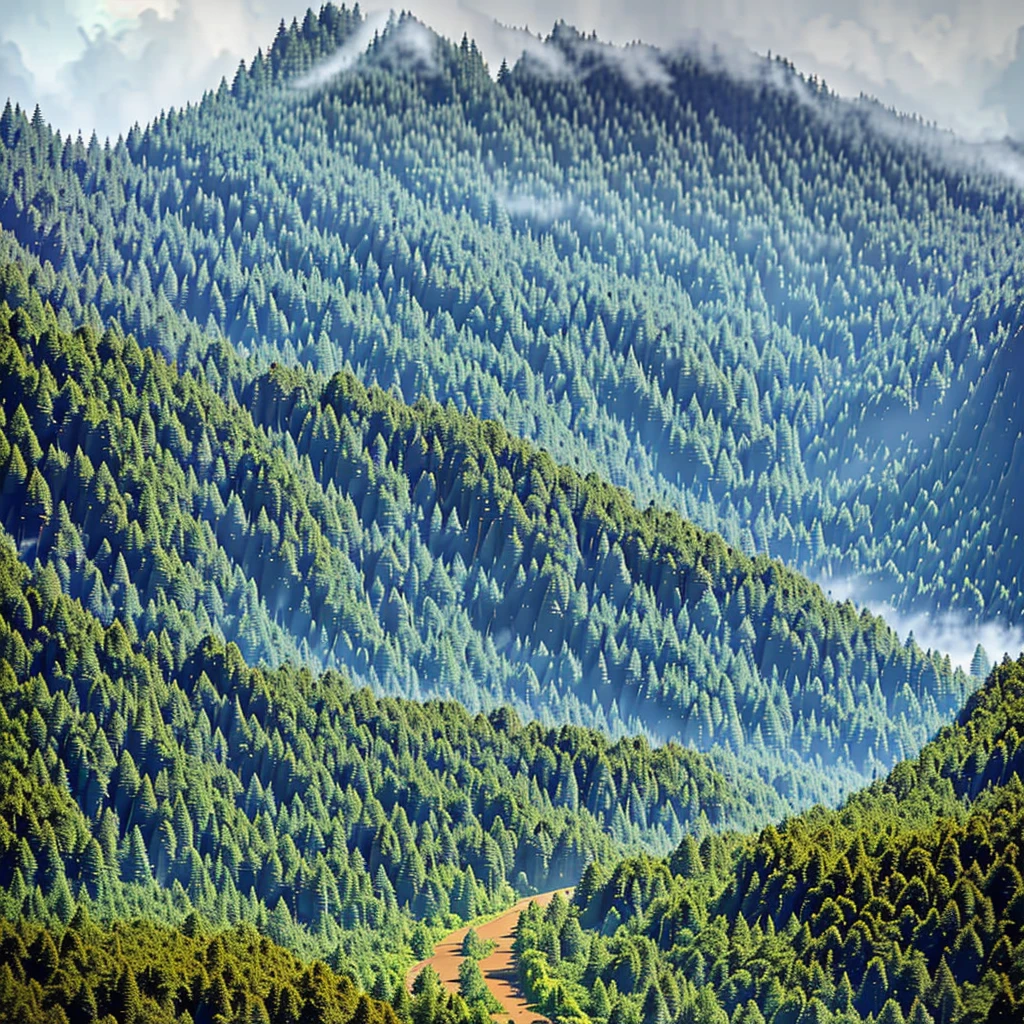 a lush pine forest with a bird's eye view, misty atmosphere, photorealistic 4k quality, intricate details, serene landscape, vibrant colors, natural lighting, tranquil setting, dramatic shadows, atmospheric fog, towering trees, dense foliage, winding trails